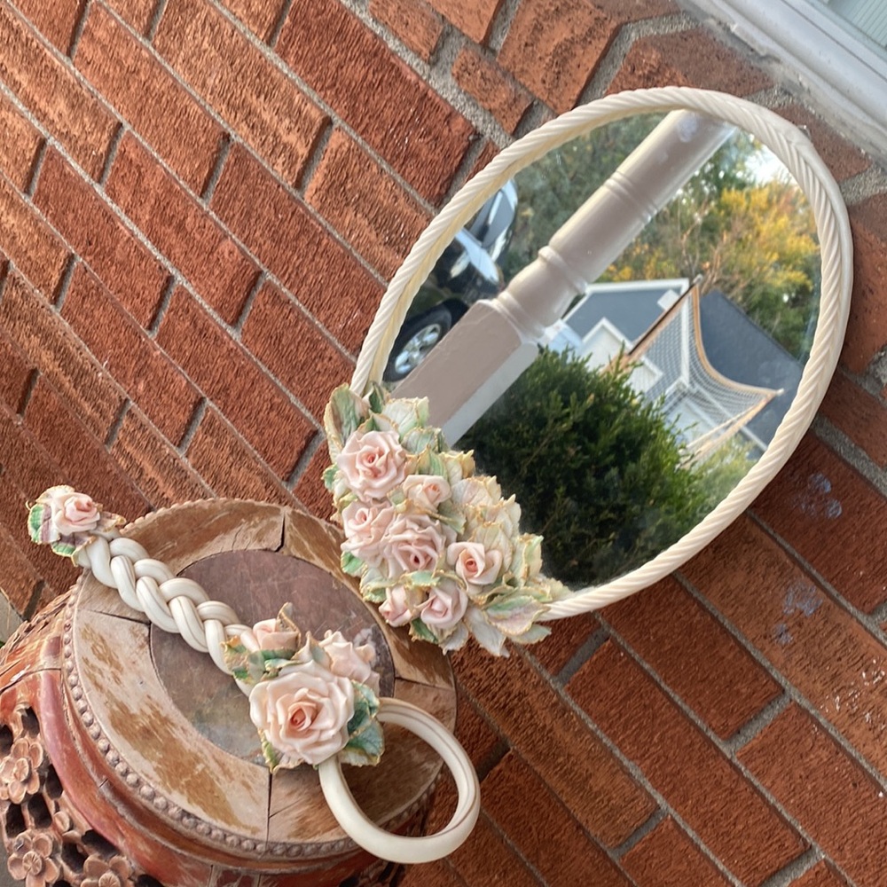 Antique Rose Floral Oval Wall Mirror Multi Pastel Floral Handheld/Braided Handle